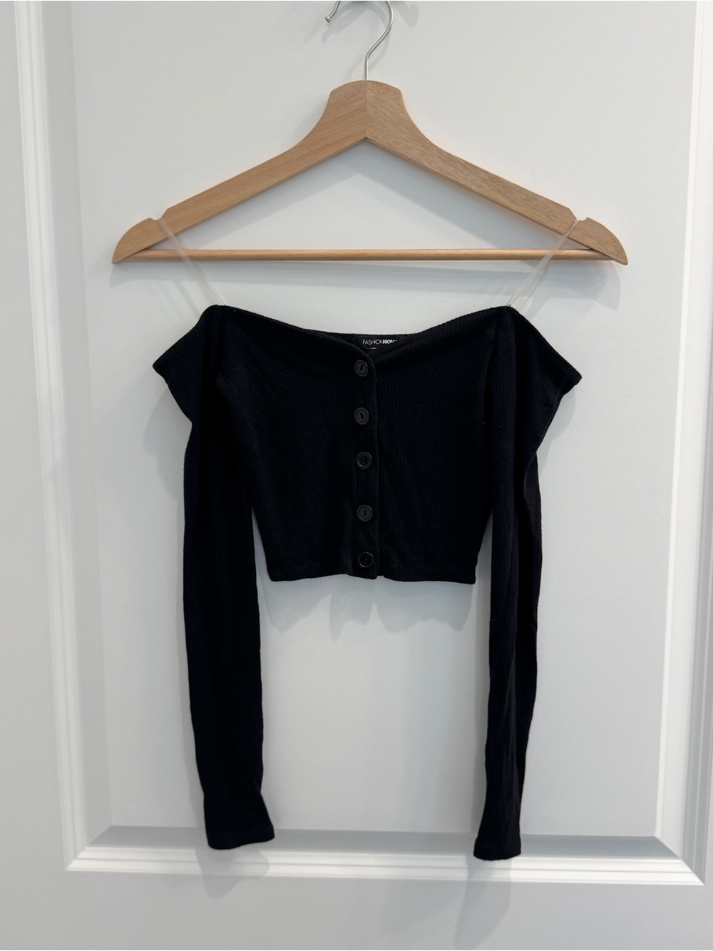 Off-Shoulder Black Button-Front Long Sleeve Crop Top